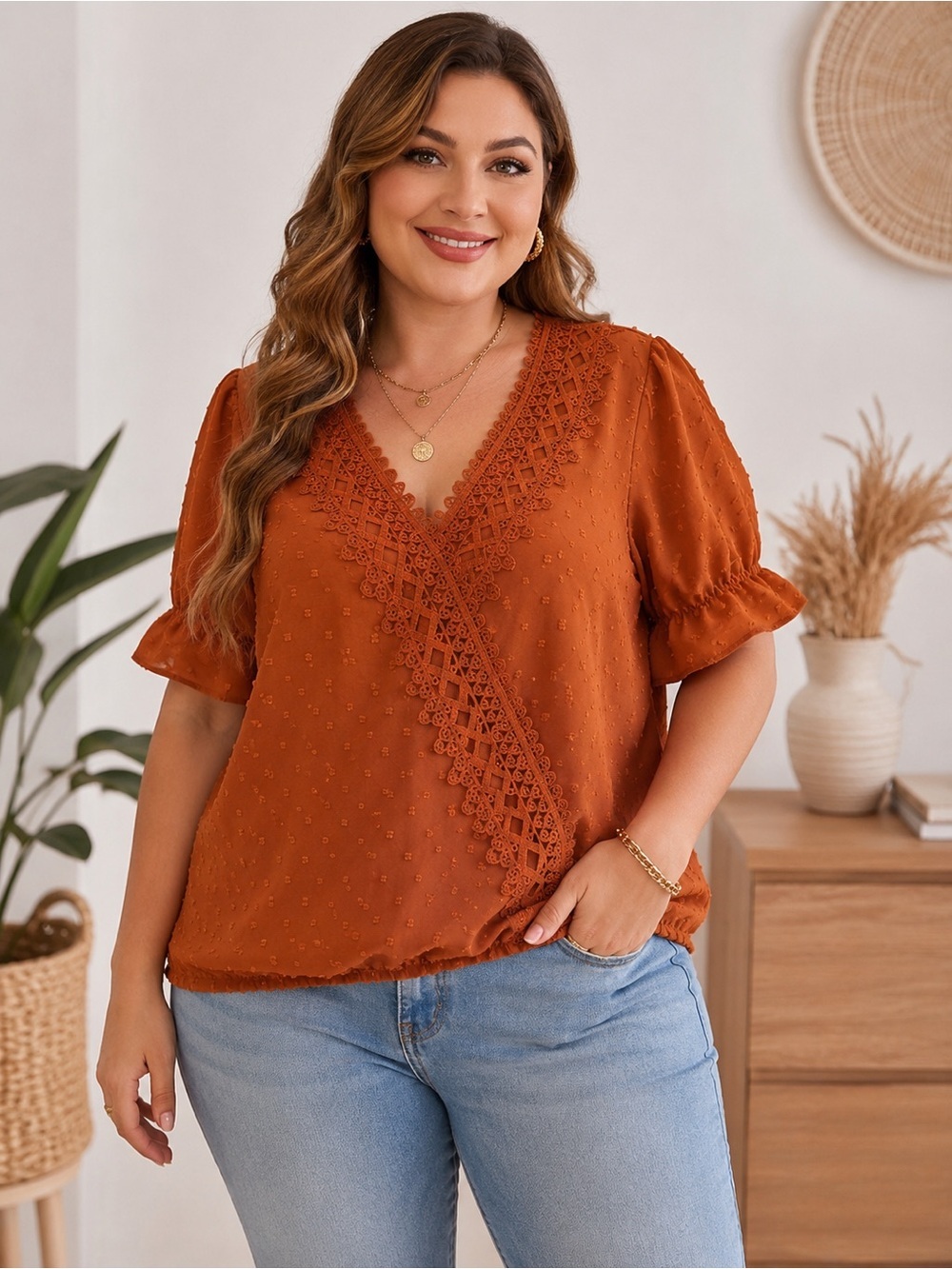 2XL Burnt Orange Swiss Dot Lace V-Neck Blouse Boho Cottagecore Top